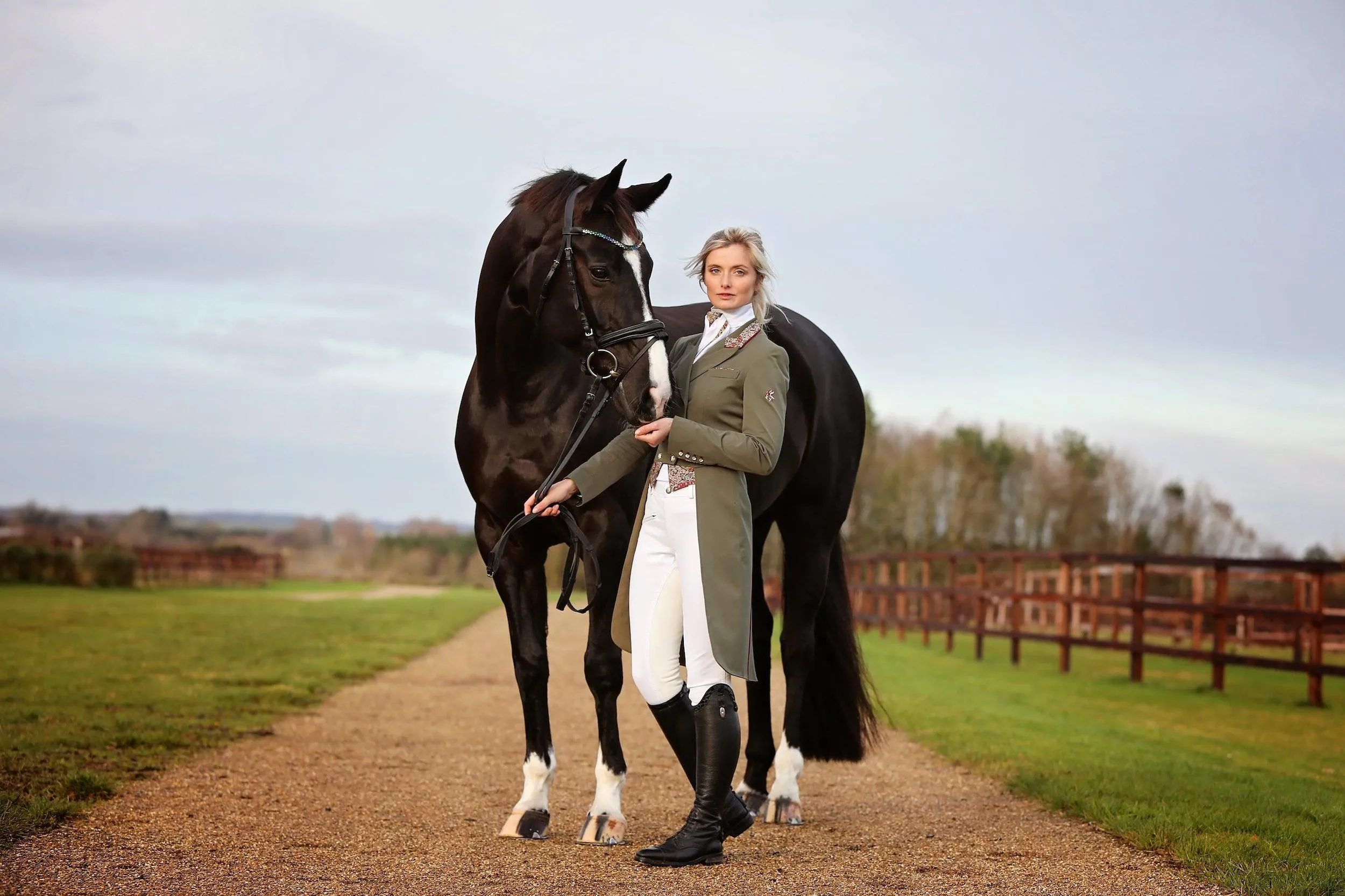 Ladies Isabell Dressage Tailcoat, Sage and Burgundy Liberty Print