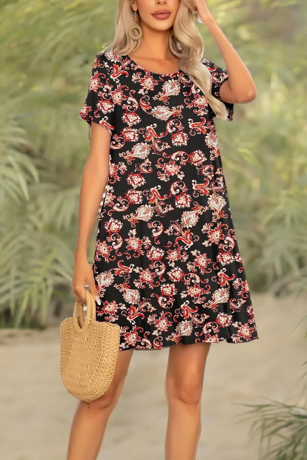levaca Women's Short Sleeve Loose Summer Beach Casual Dress