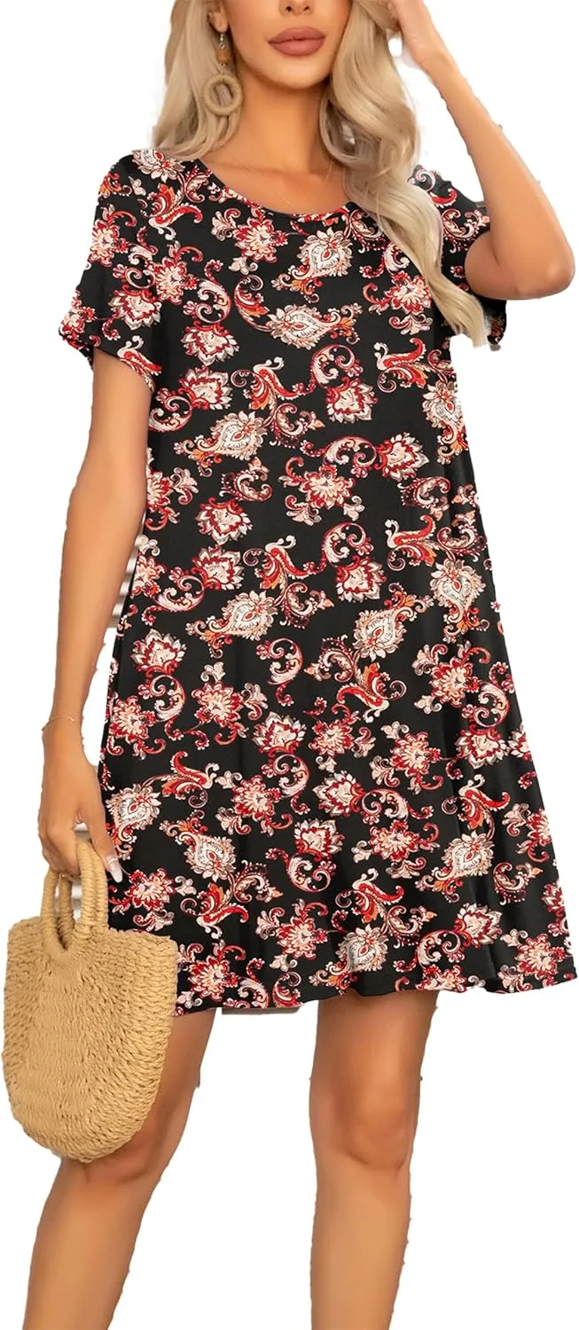 levaca Women's Short Sleeve Loose Summer Beach Casual Dress