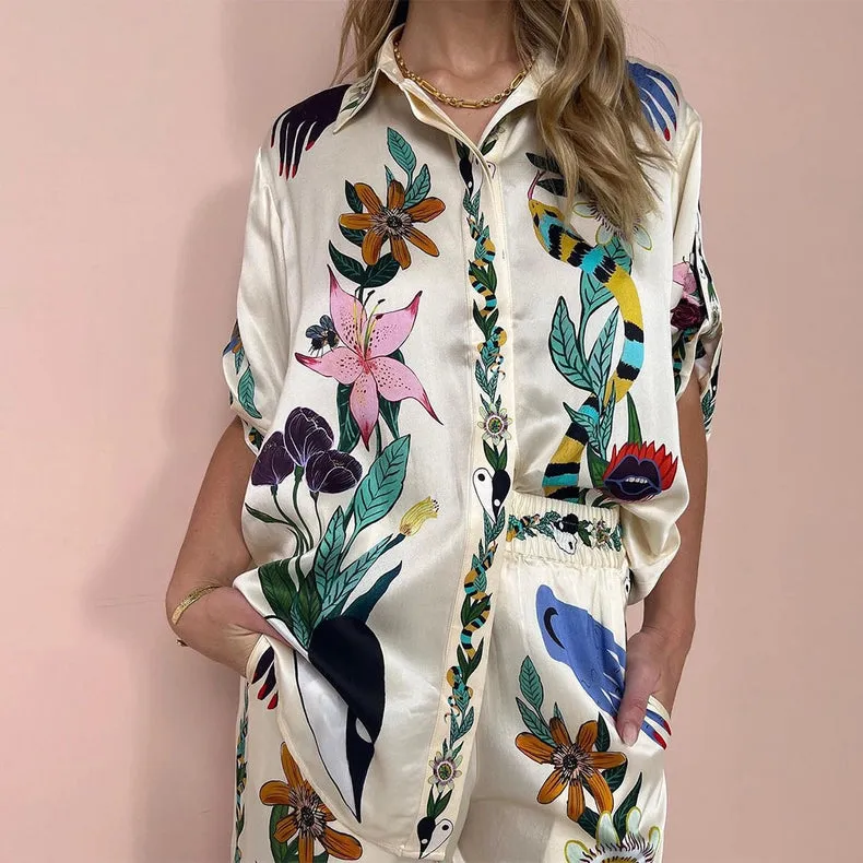 Loose Vintage Print Shirt Trouser Set