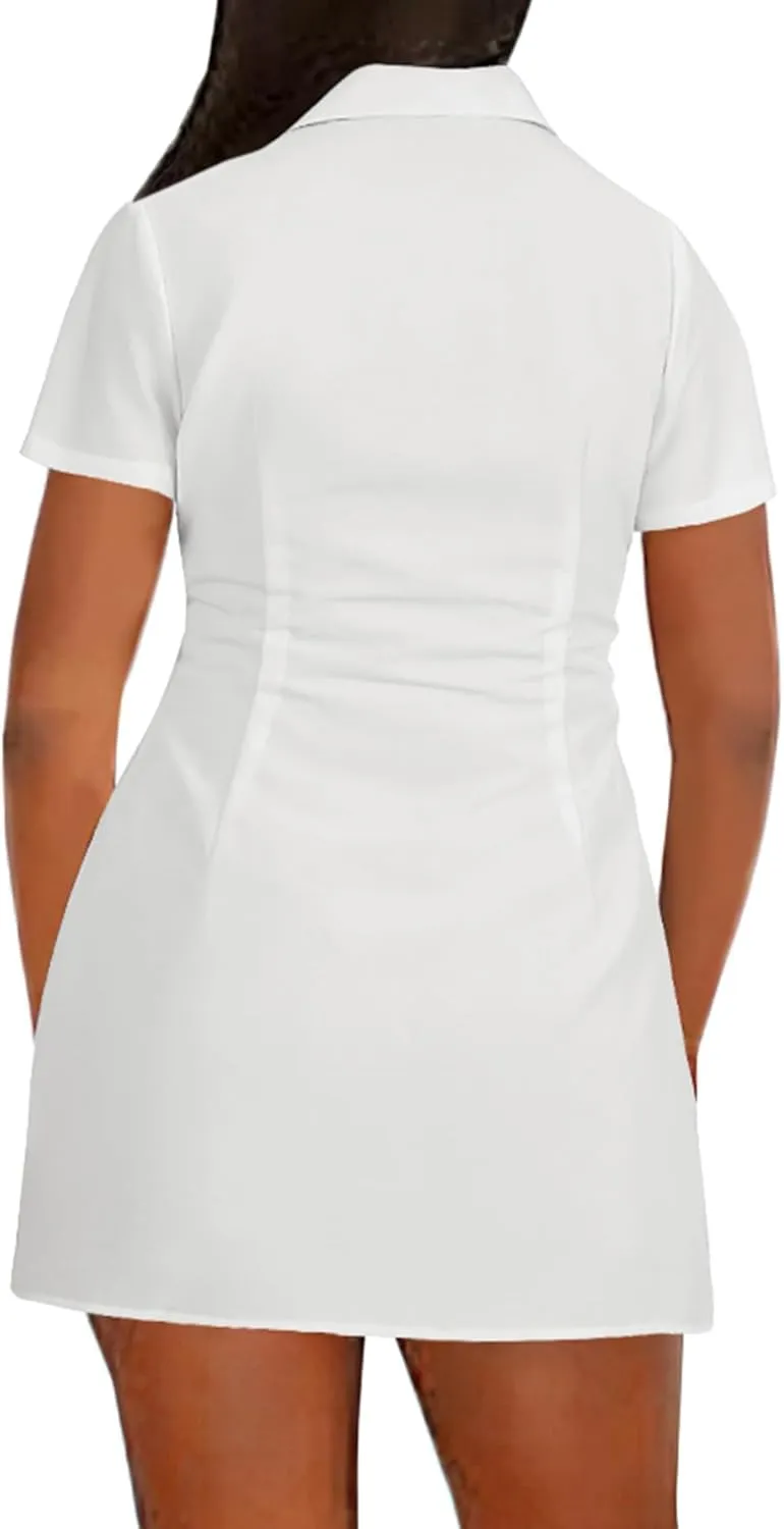 LYANER Women's Split Shirt Dress Collar V Neck Button Down Short Sleeve Sexy Mini Shirt Dresses
