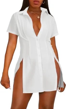LYANER Women's Split Shirt Dress Collar V Neck Button Down Short Sleeve Sexy Mini Shirt Dresses