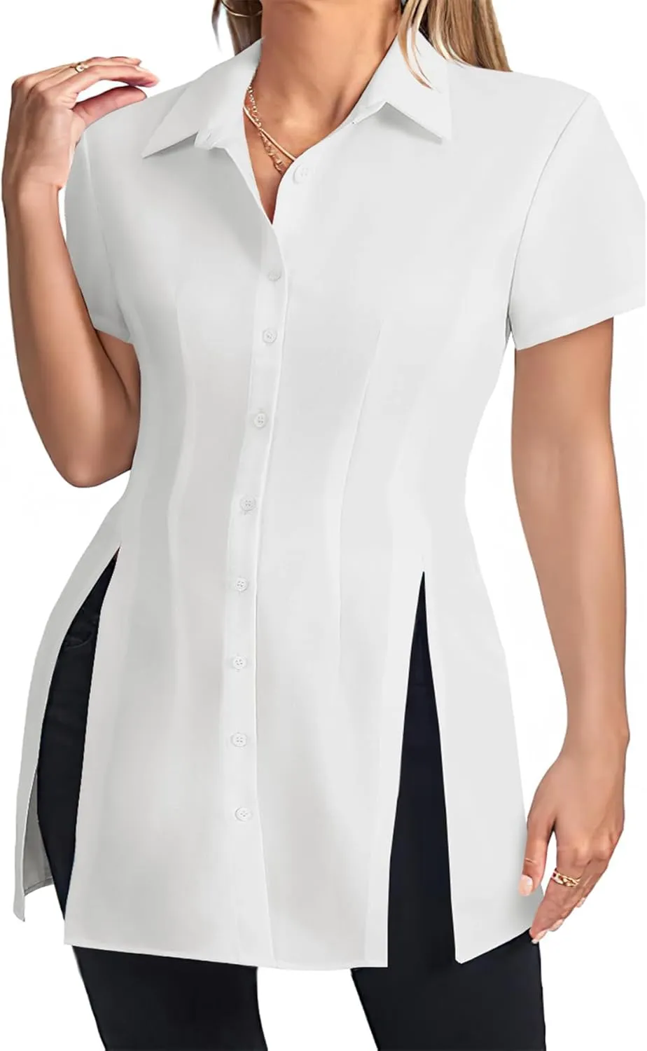 LYANER Women's Split Shirt Dress Collar V Neck Button Down Short Sleeve Sexy Mini Shirt Dresses