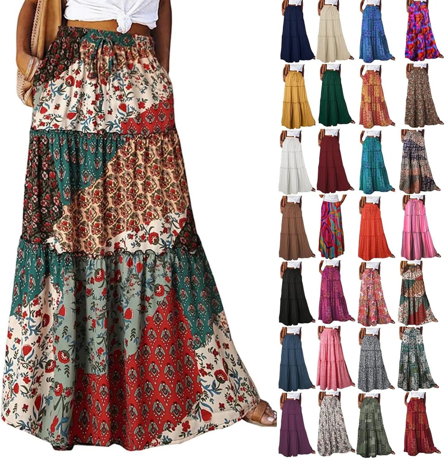 Maxi Skirts for Women Boho Floral Tiered Skirt with Pocket 2025 Summer Elastic Waist Vacation A-Line Long Skirts