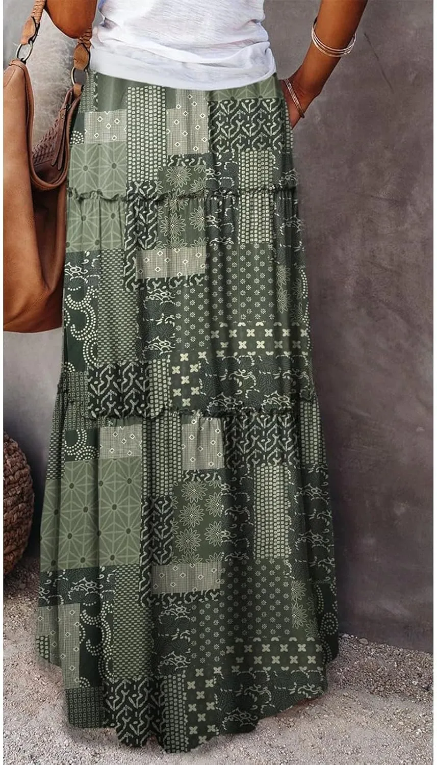 Maxi Skirts for Women Boho Floral Tiered Skirt with Pocket 2025 Summer Elastic Waist Vacation A-Line Long Skirts