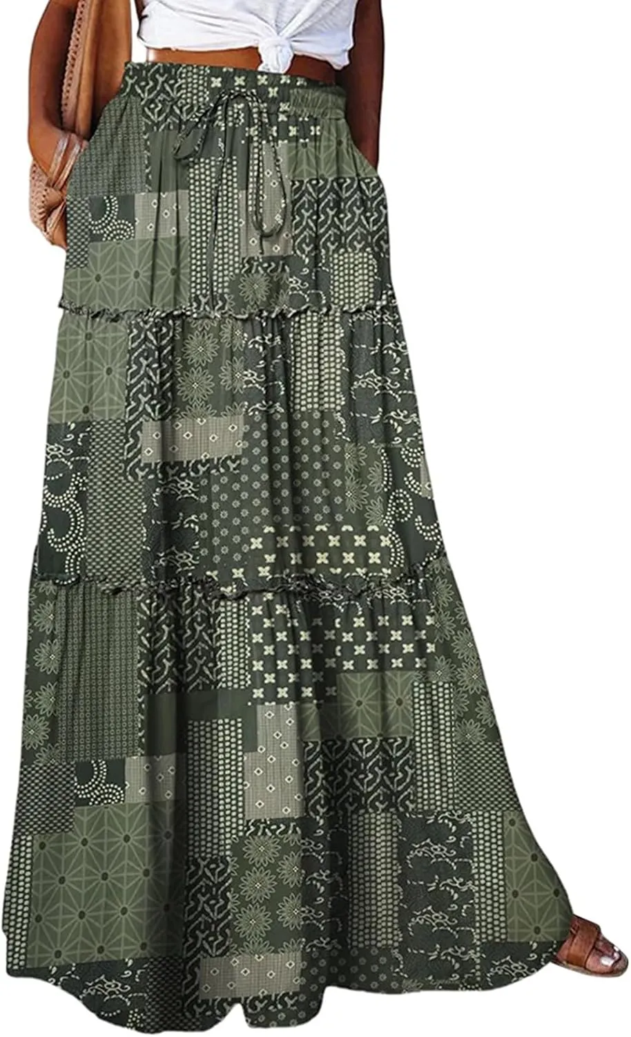 Maxi Skirts for Women Boho Floral Tiered Skirt with Pocket 2025 Summer Elastic Waist Vacation A-Line Long Skirts