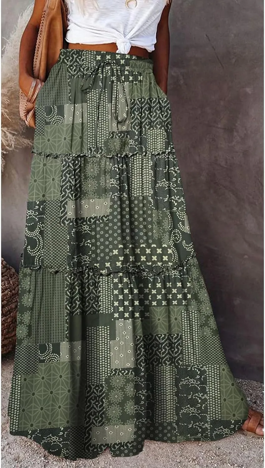Maxi Skirts for Women Boho Floral Tiered Skirt with Pocket 2025 Summer Elastic Waist Vacation A-Line Long Skirts