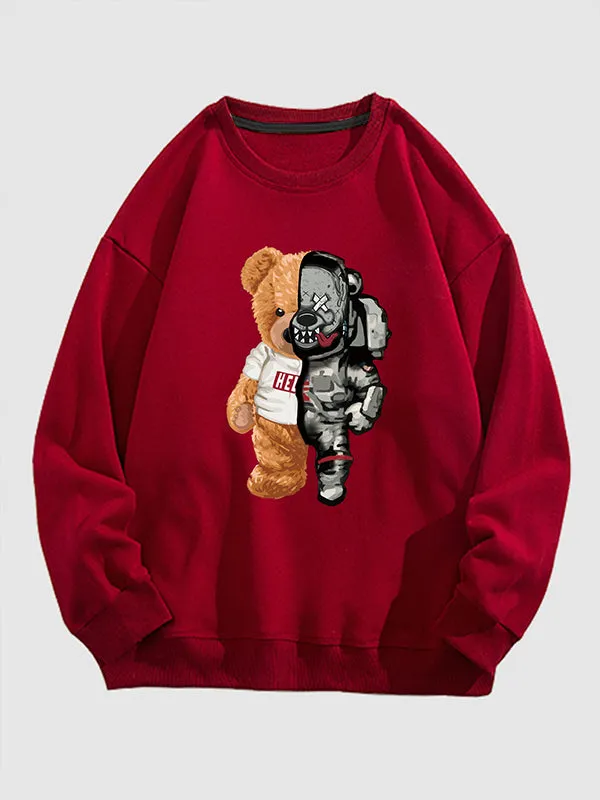 Men's bear patchwork printed casual pullover sweatshirt