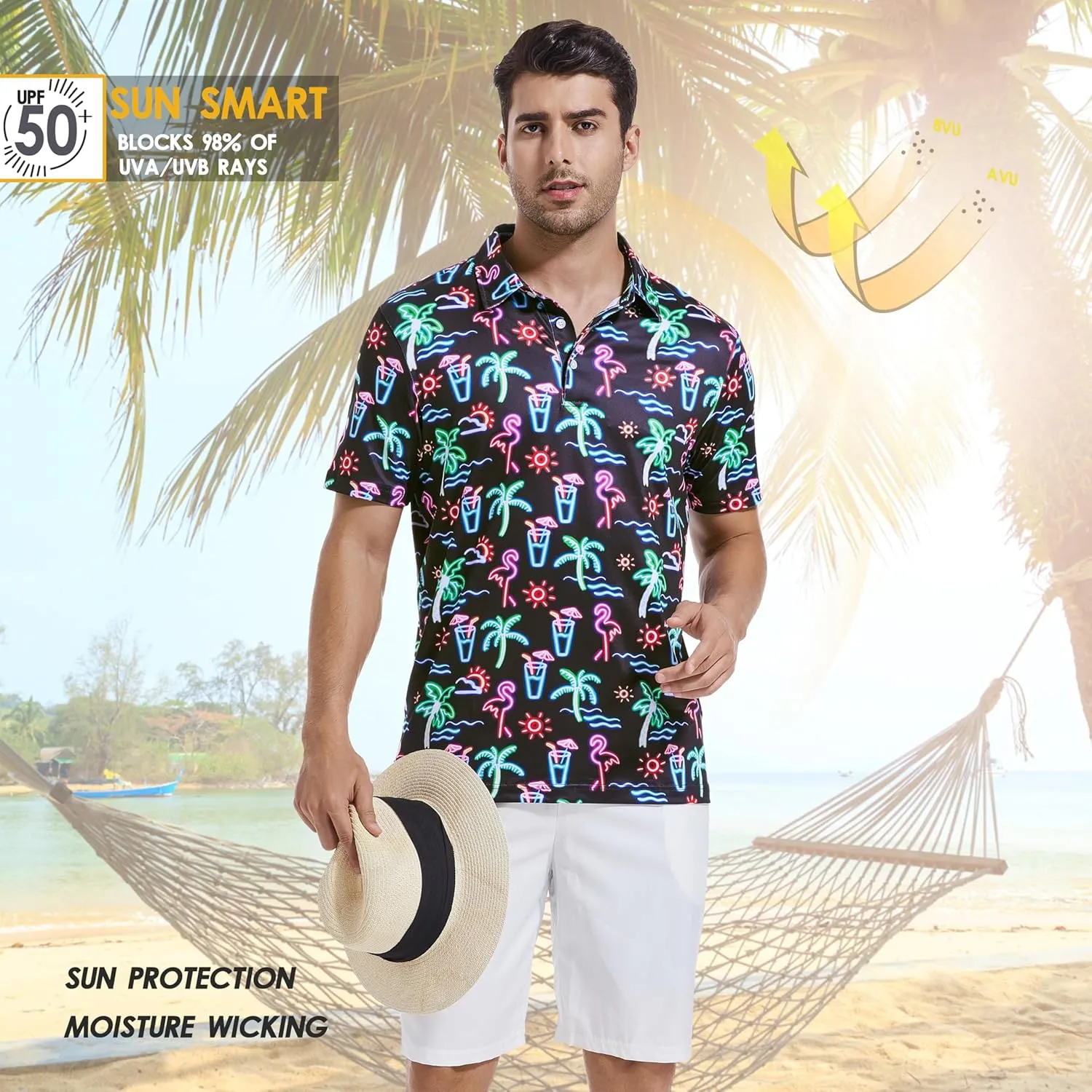 Mens Golf Shirt Short Sleeve Dry Fit Print Moisture Wicking Performance Patterns Collared Polo Shirt