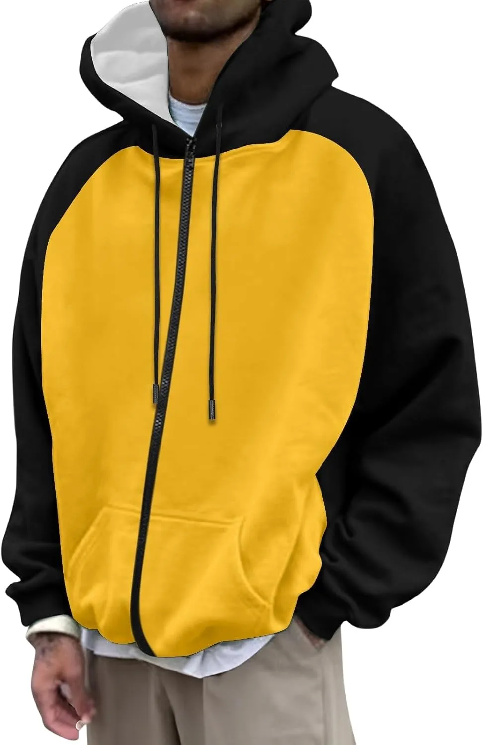 Mens Zipper Hoodies Casual Long Sleeve Sweatshirts Color Block Drawstring Fashion Oversized Cardigan with Pockets