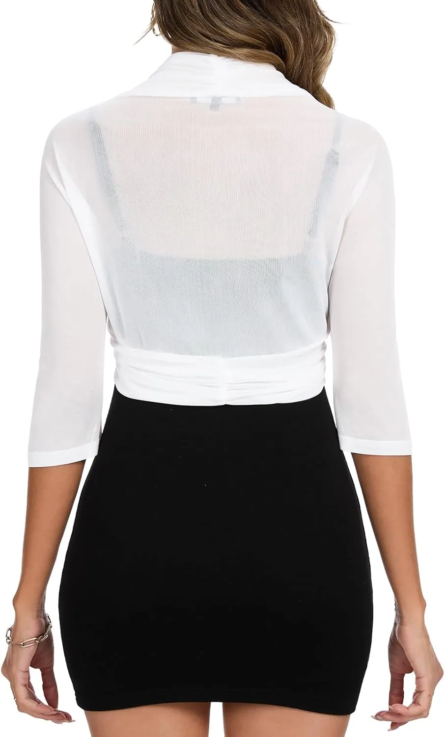 MINTLIMIT Women's Elegant Sheer Mesh Shrug Bolero Batwing 3/4 Sleeve Open Front Cropped Cardigan Shrugs for Evening Dress