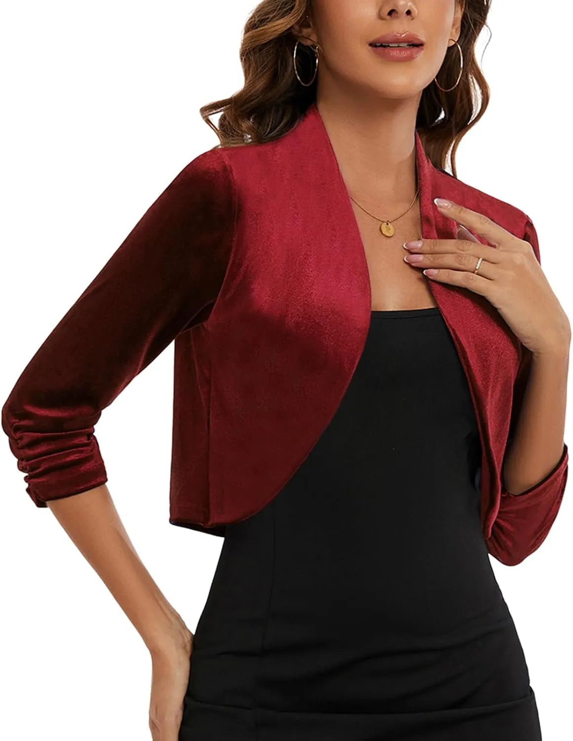 MINTLIMIT Women's Velvet Bolero Shrugs for Dresses Ruched 3/4 Sleeve Open Front Cocktail Party Cropped Cardigan