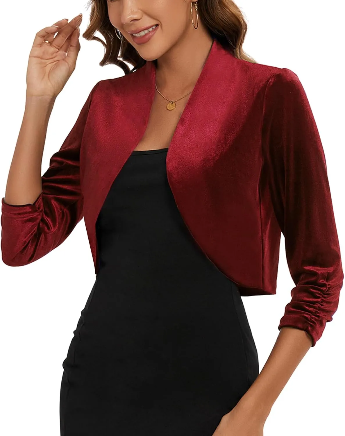 MINTLIMIT Women's Velvet Bolero Shrugs for Dresses Ruched 3/4 Sleeve Open Front Cocktail Party Cropped Cardigan