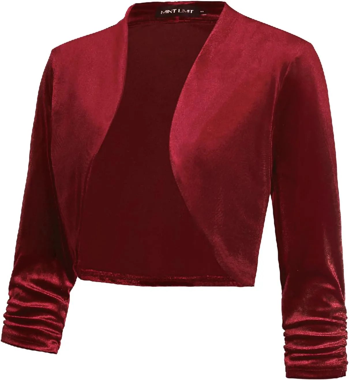 MINTLIMIT Women's Velvet Bolero Shrugs for Dresses Ruched 3/4 Sleeve Open Front Cocktail Party Cropped Cardigan