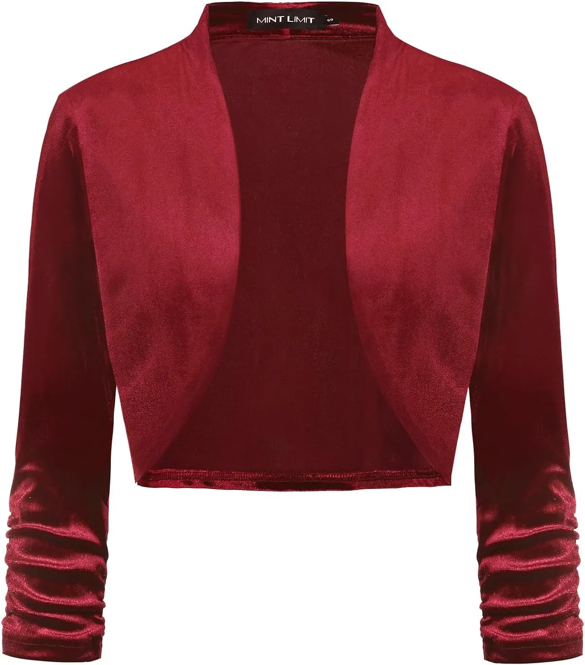 MINTLIMIT Women's Velvet Bolero Shrugs for Dresses Ruched 3/4 Sleeve Open Front Cocktail Party Cropped Cardigan