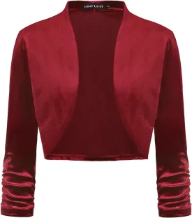 MINTLIMIT Women's Velvet Bolero Shrugs for Dresses Ruched 3/4 Sleeve Open Front Cocktail Party Cropped Cardigan