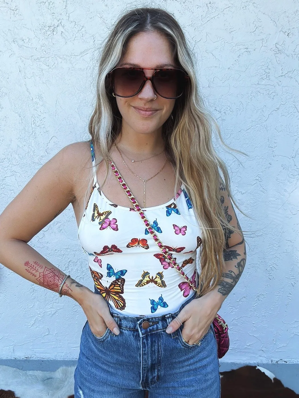 New Beginnings Multi Color Butterfly Print Bodysuit