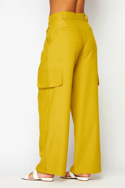 Olive Oil Chanel Fabric Cargo Wide-leg Pants