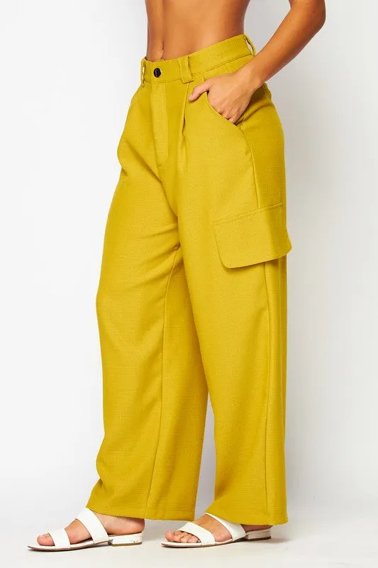 Olive Oil Chanel Fabric Cargo Wide-leg Pants