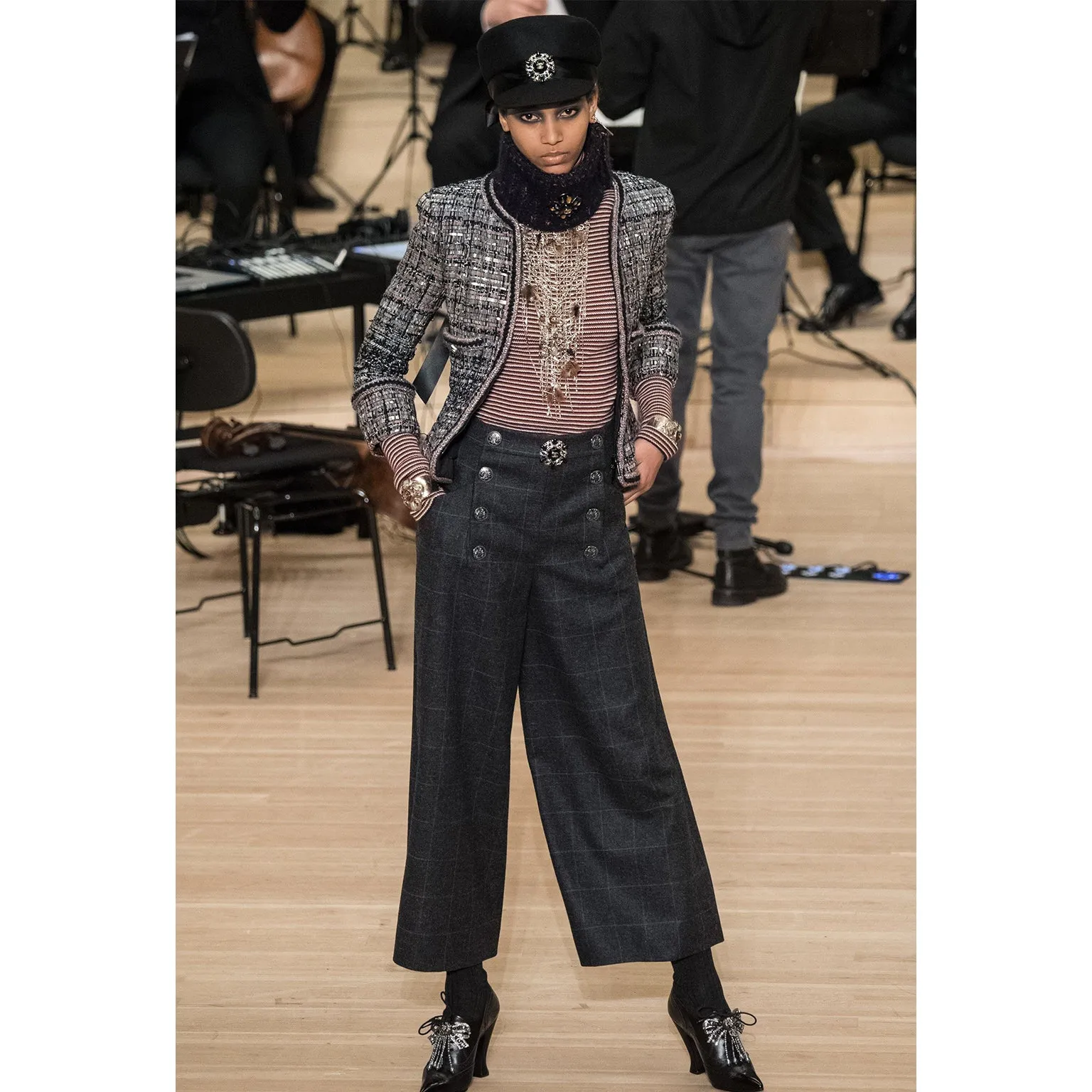 ON HOLD // 2018 Chanel Gray Blue Windowpane Plaid High Waist Sailor Pants W Original Tag