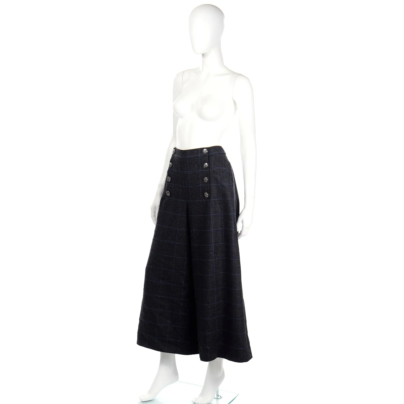 ON HOLD // 2018 Chanel Gray Blue Windowpane Plaid High Waist Sailor Pants W Original Tag