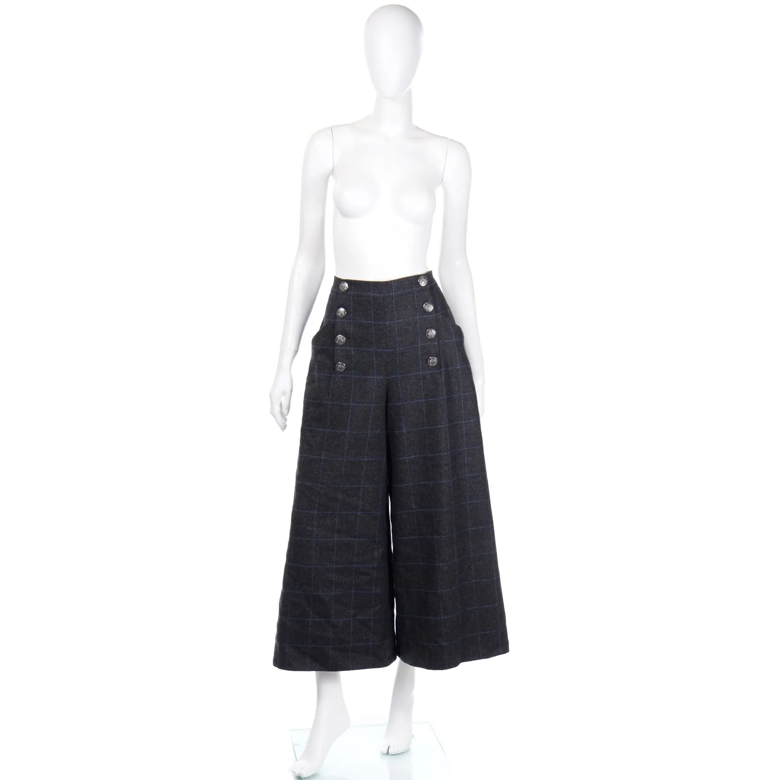 ON HOLD // 2018 Chanel Gray Blue Windowpane Plaid High Waist Sailor Pants W Original Tag