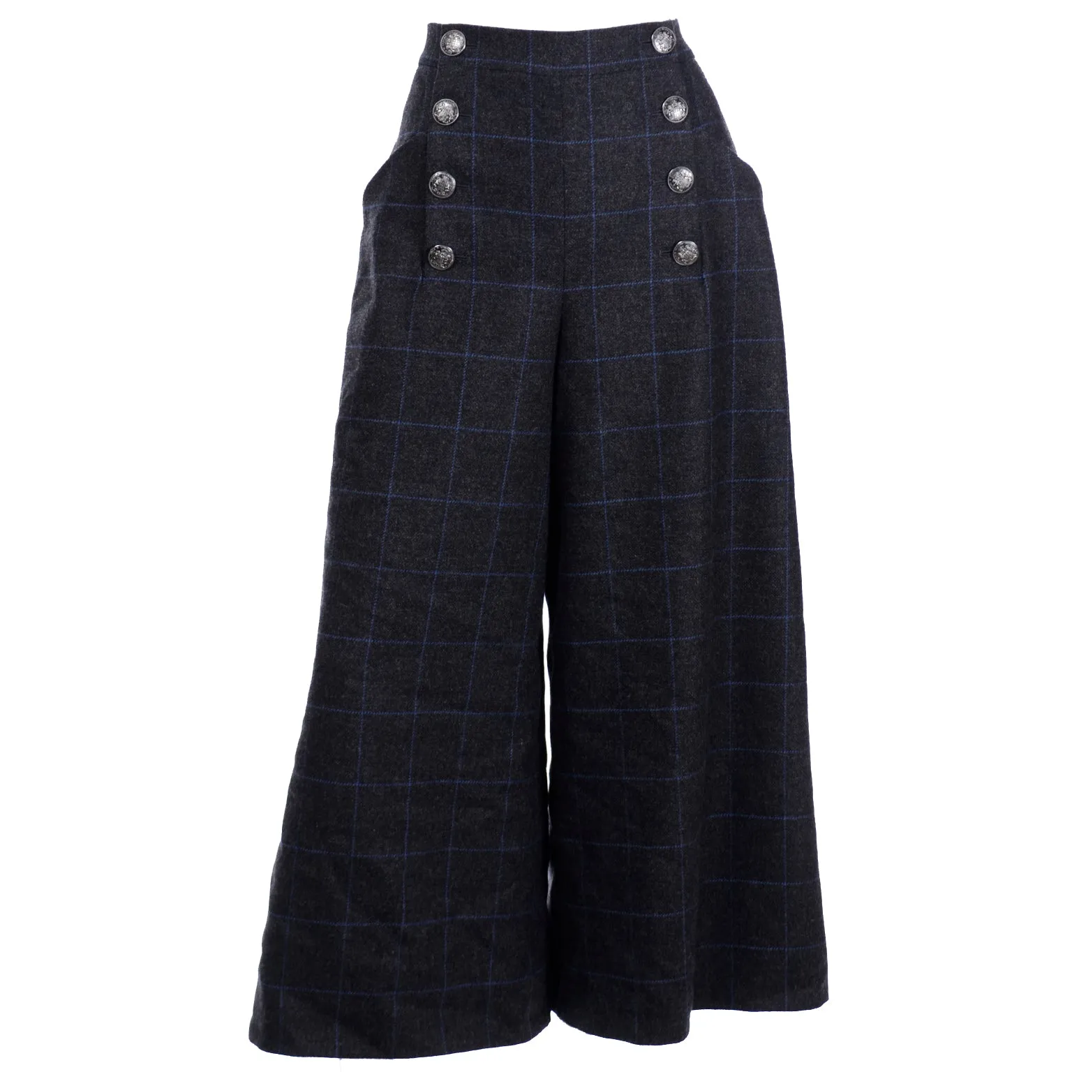 ON HOLD // 2018 Chanel Gray Blue Windowpane Plaid High Waist Sailor Pants W Original Tag