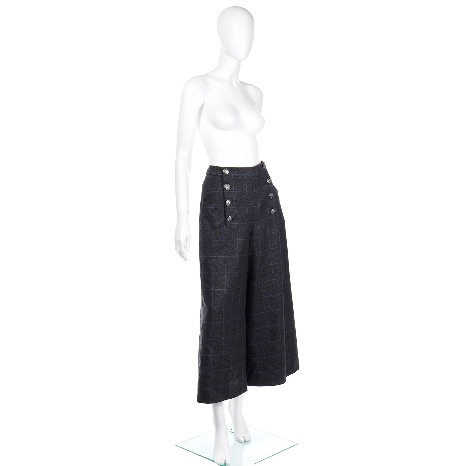 ON HOLD // 2018 Chanel Gray Blue Windowpane Plaid High Waist Sailor Pants W Original Tag