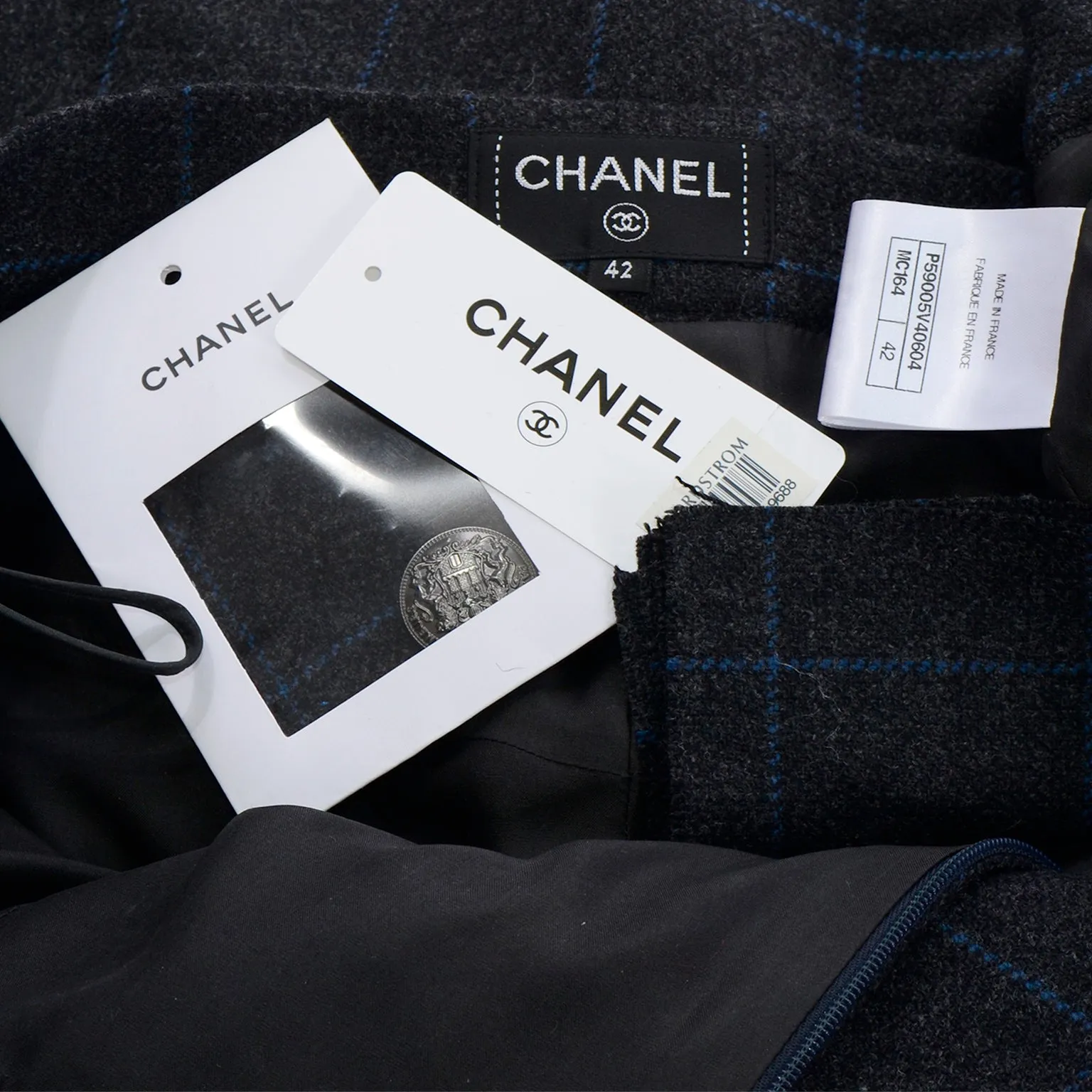 ON HOLD // 2018 Chanel Gray Blue Windowpane Plaid High Waist Sailor Pants W Original Tag