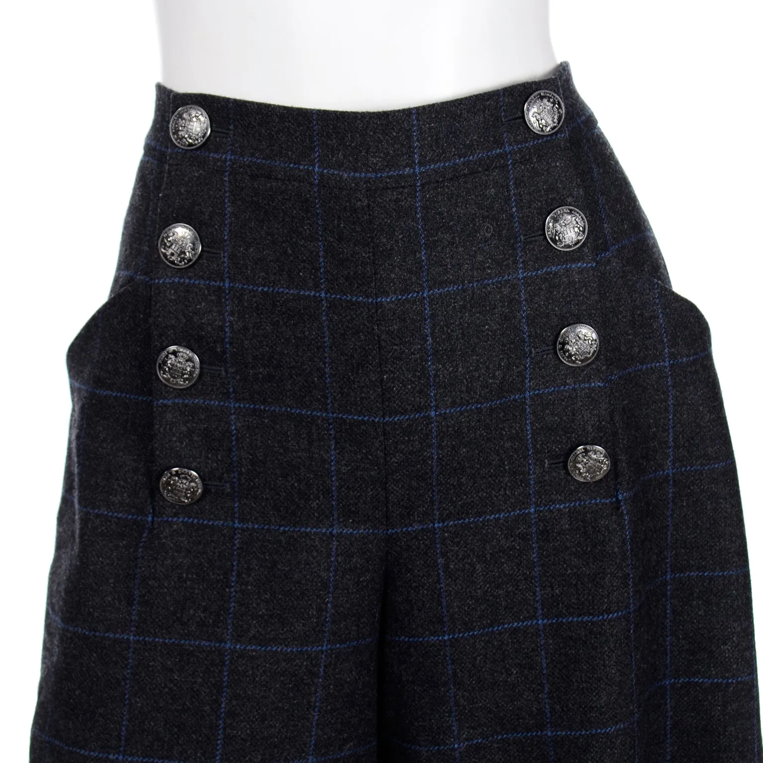 ON HOLD // 2018 Chanel Gray Blue Windowpane Plaid High Waist Sailor Pants W Original Tag
