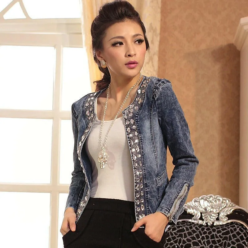 pring and Autumn Elastic Denim Rhinestone Sequins Retro Short Jacket