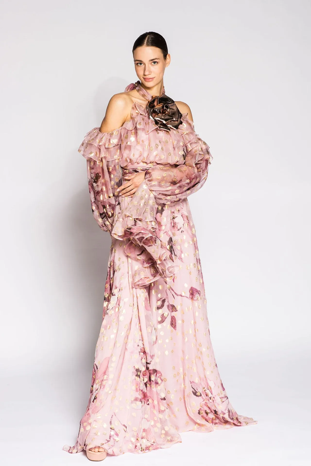 Printed Flared Dress with Cold Shoulders