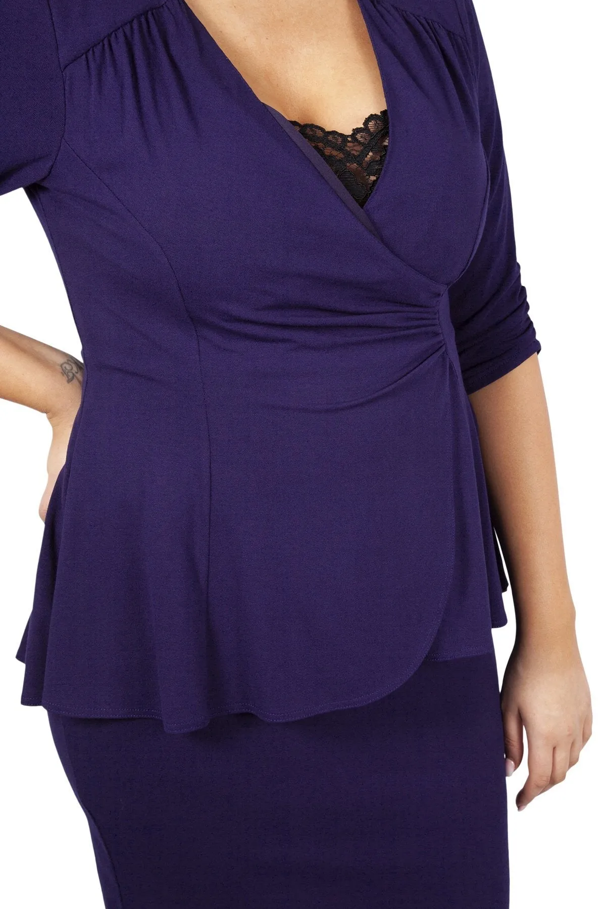 Purple Jersey Lace Insert Peplum Dress