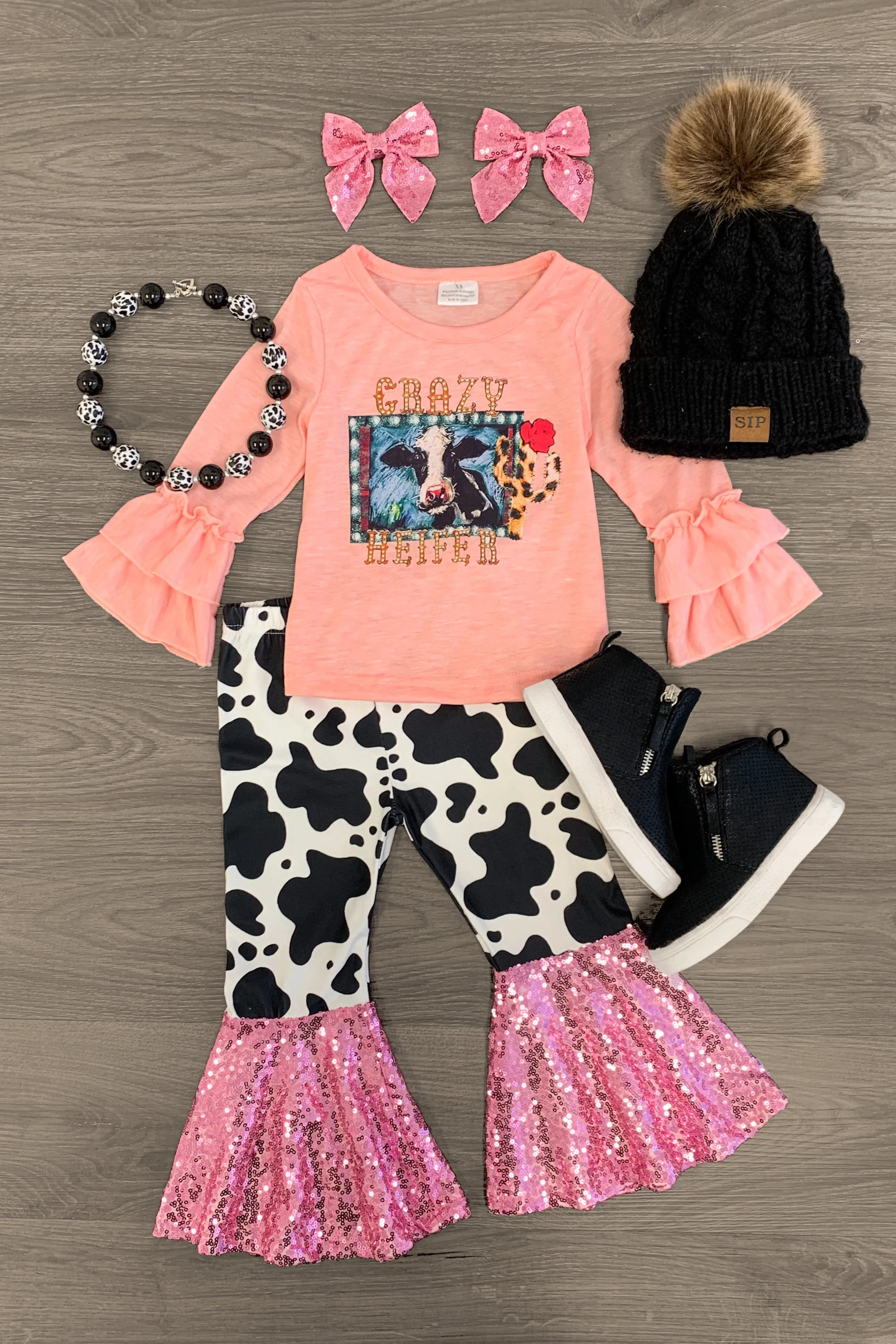 "Crazy Heifer" Pink Sequin Cow Bell Bottom Set
