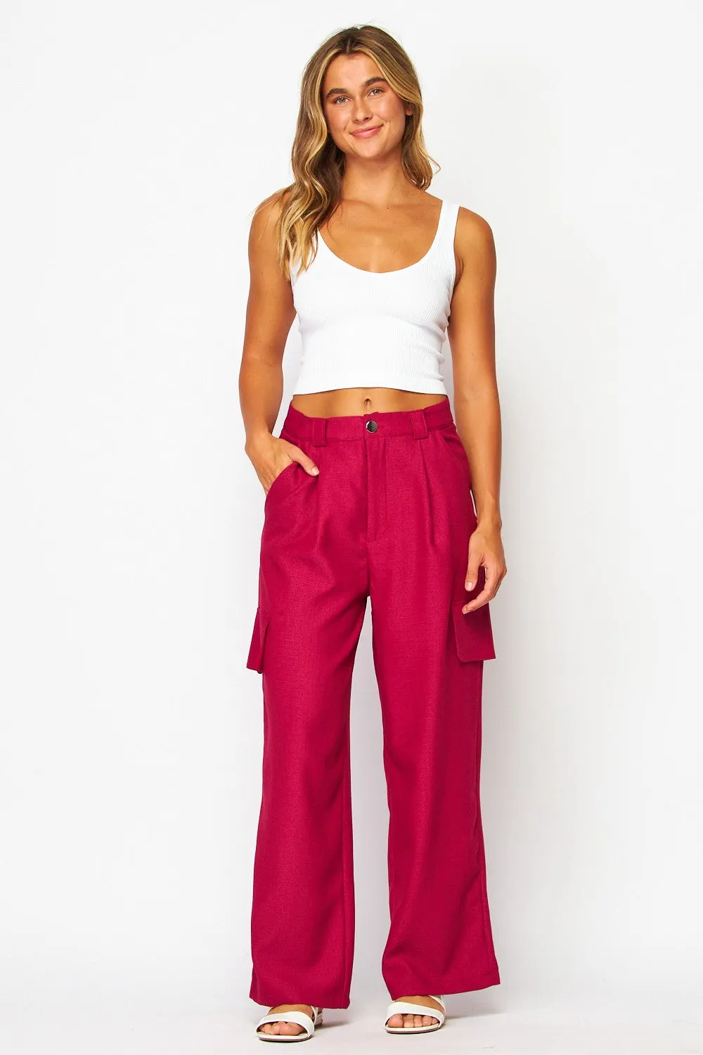 Raspberry Jam Chanel Fabric Cargo Wide-leg Pants