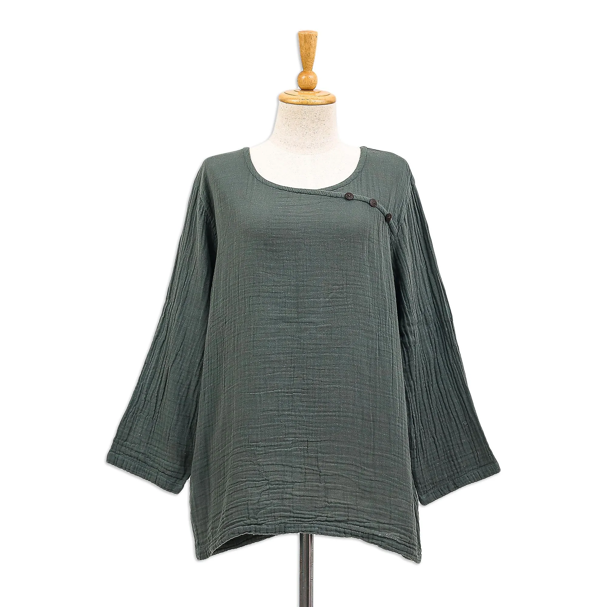 Sage Grey Cotton Double Gauze Blouse - Modern Look in Grey | NOVICA