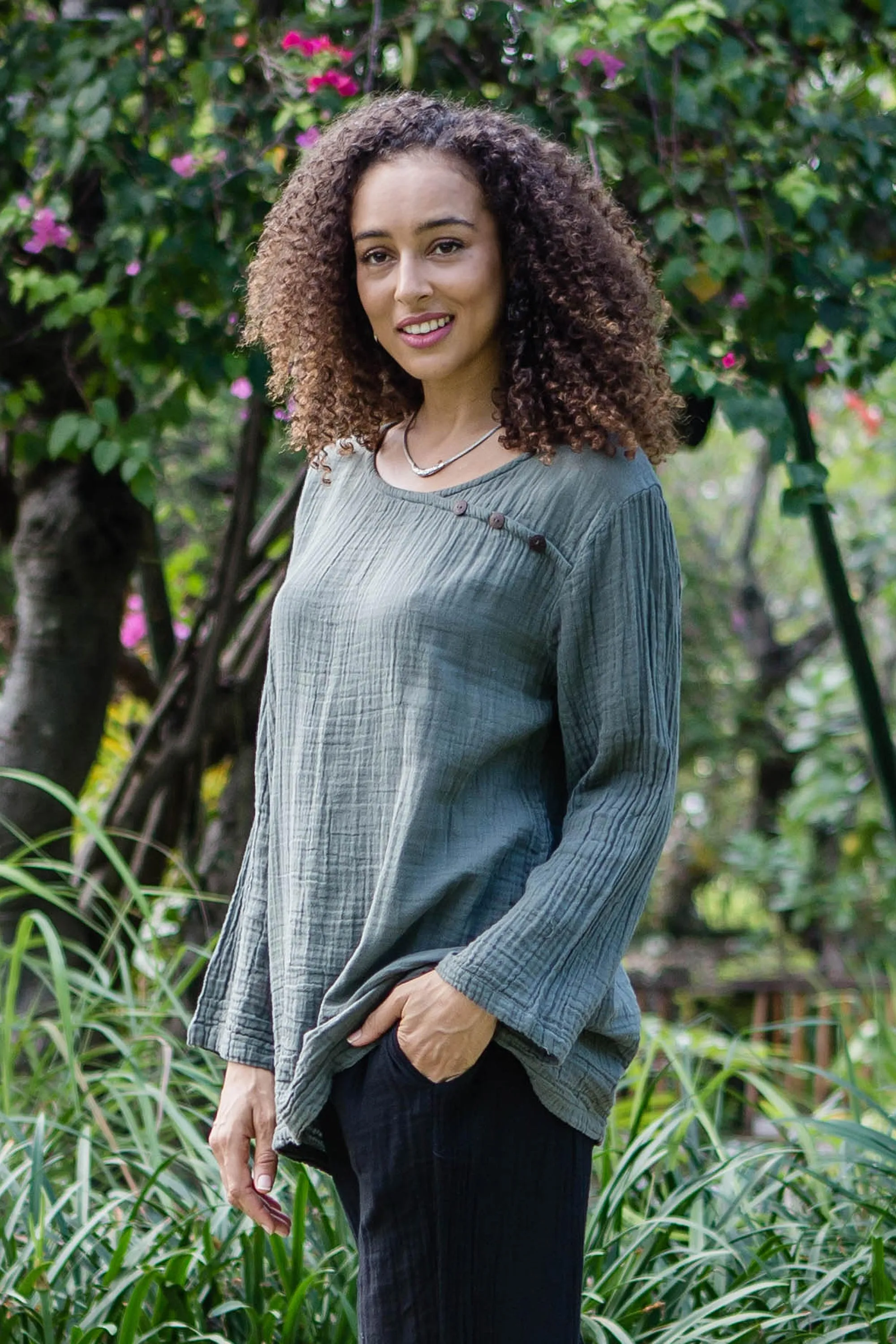 Sage Grey Cotton Double Gauze Blouse - Modern Look in Grey | NOVICA