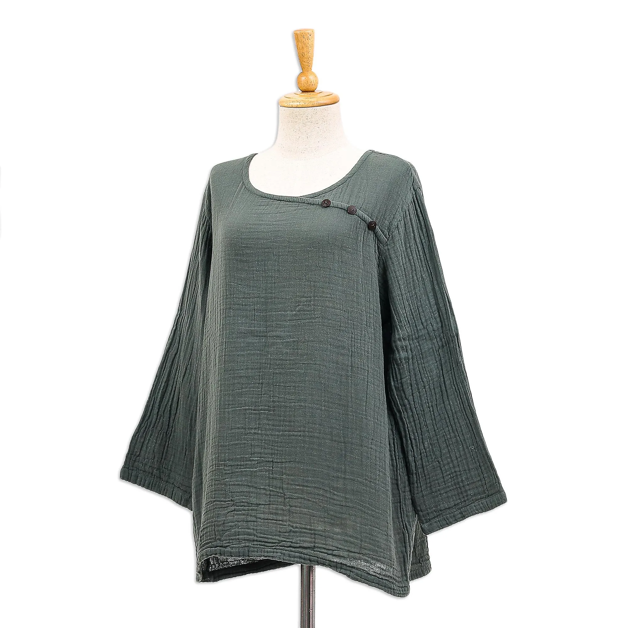Sage Grey Cotton Double Gauze Blouse - Modern Look in Grey | NOVICA