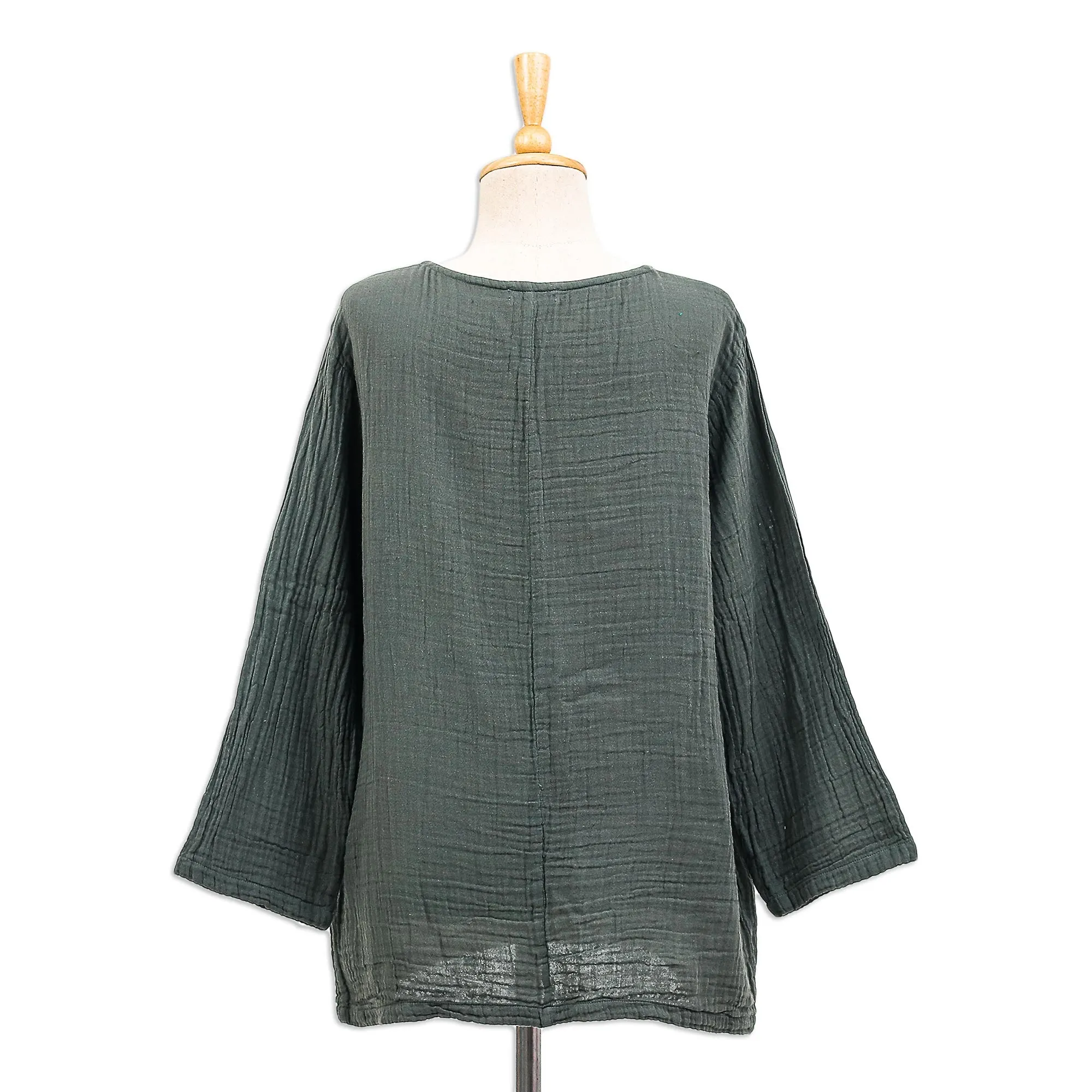Sage Grey Cotton Double Gauze Blouse - Modern Look in Grey | NOVICA