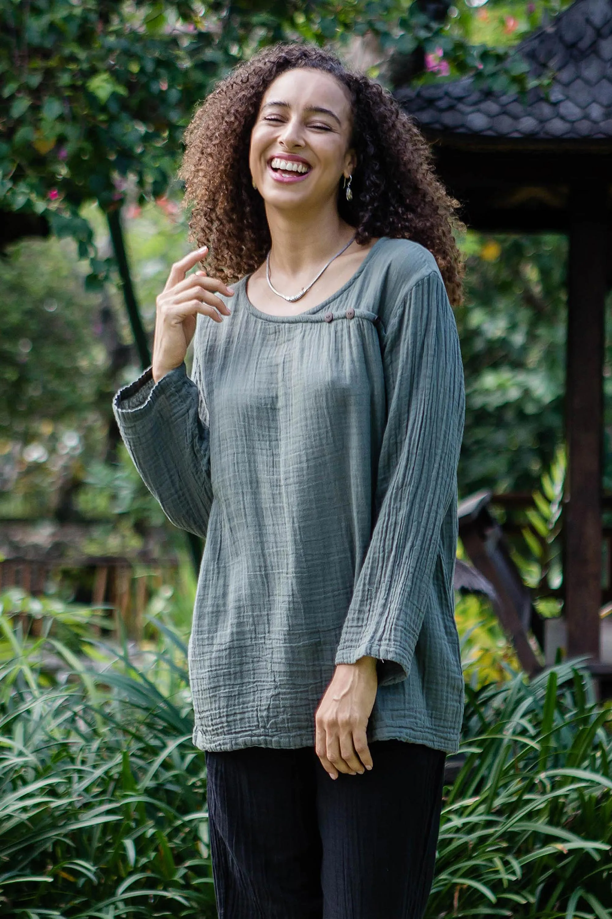 Sage Grey Cotton Double Gauze Blouse - Modern Look in Grey | NOVICA