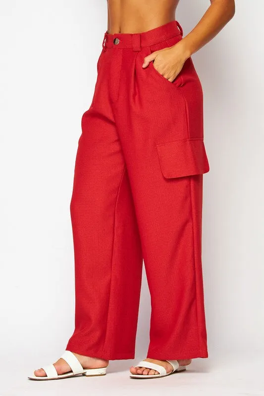 Scarlet Red Chanel Fabric Cargo Wide-leg Pants