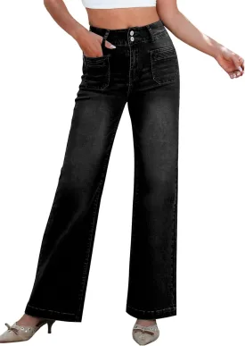Sidefeel Women's Wide Leg Jeans High Waisted Tummy Control Stretchy Pockets Front Straight Leg Jeans
