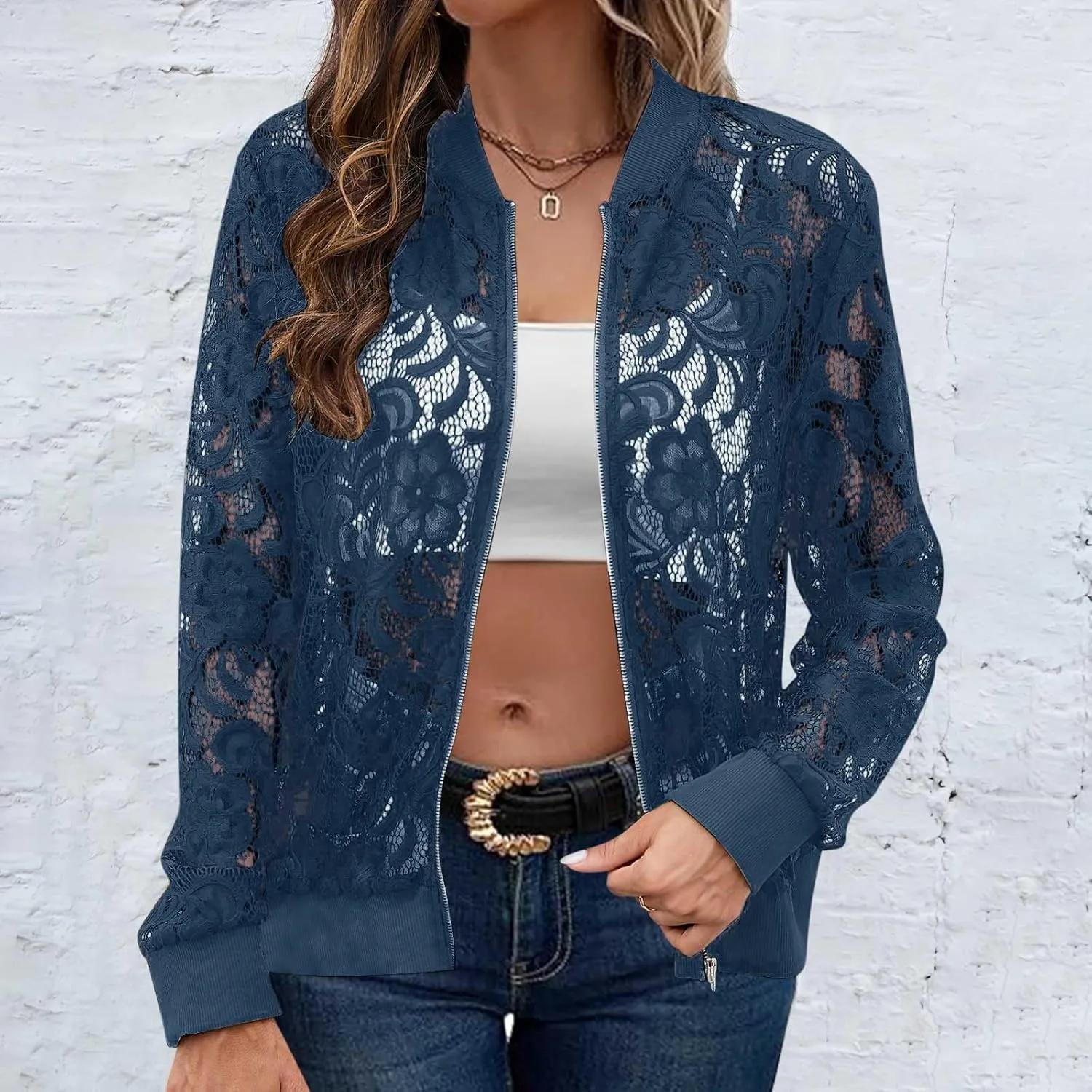 Sinzelimin Womens Lace Flroal Jacket Fashion Zipper Hollow Casual Outwear & Jackets Lightweight Cardigan Clubwear Blouse Tops