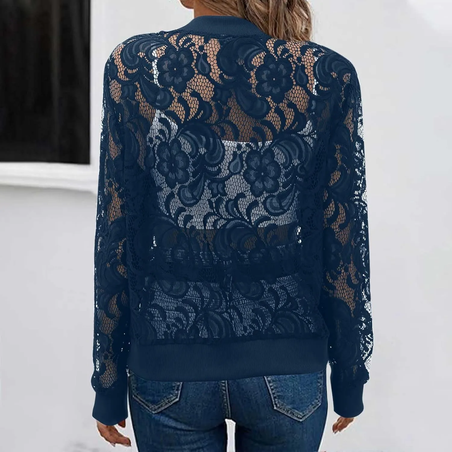 Sinzelimin Womens Lace Flroal Jacket Fashion Zipper Hollow Casual Outwear & Jackets Lightweight Cardigan Clubwear Blouse Tops