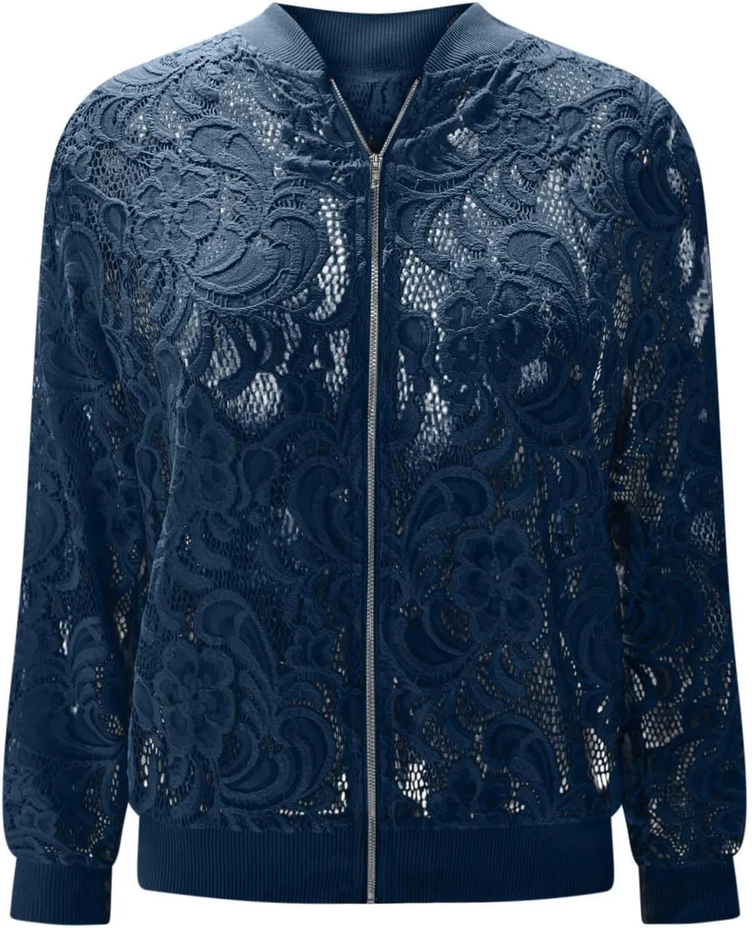 Sinzelimin Womens Lace Flroal Jacket Fashion Zipper Hollow Casual Outwear & Jackets Lightweight Cardigan Clubwear Blouse Tops