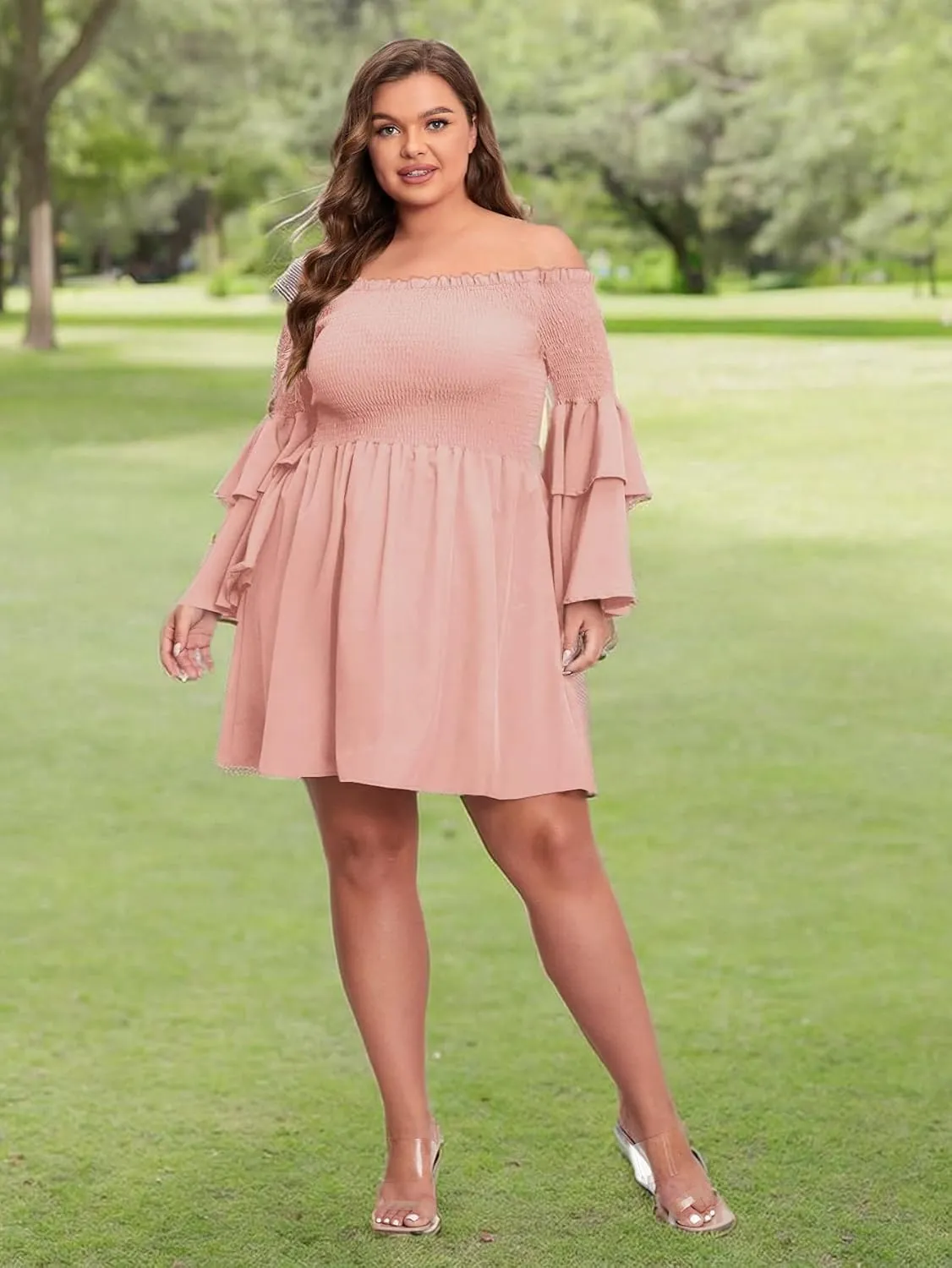 SOLY HUX Women's Plus Size Off Shoulder Long Sleeve Shirred Ruffle A Line Dress