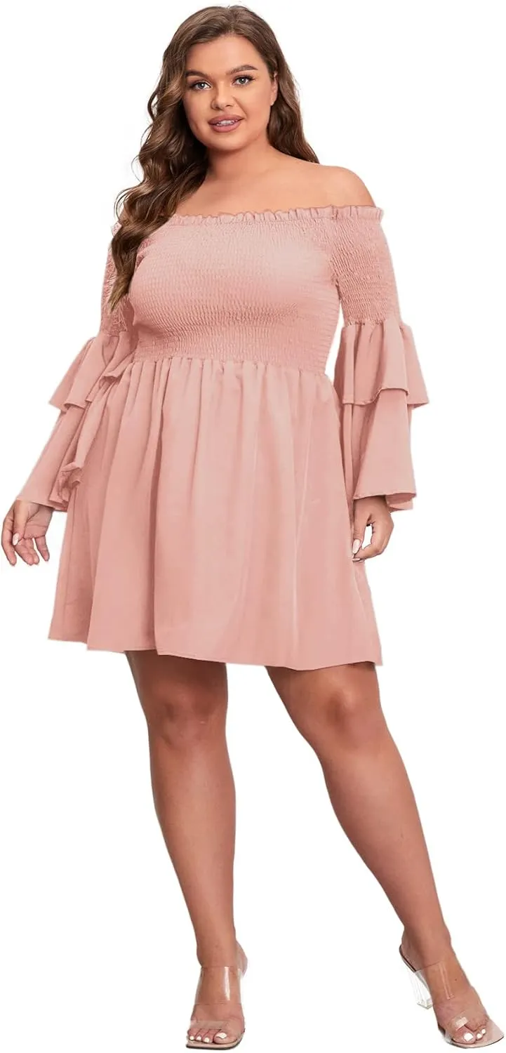 SOLY HUX Women's Plus Size Off Shoulder Long Sleeve Shirred Ruffle A Line Dress