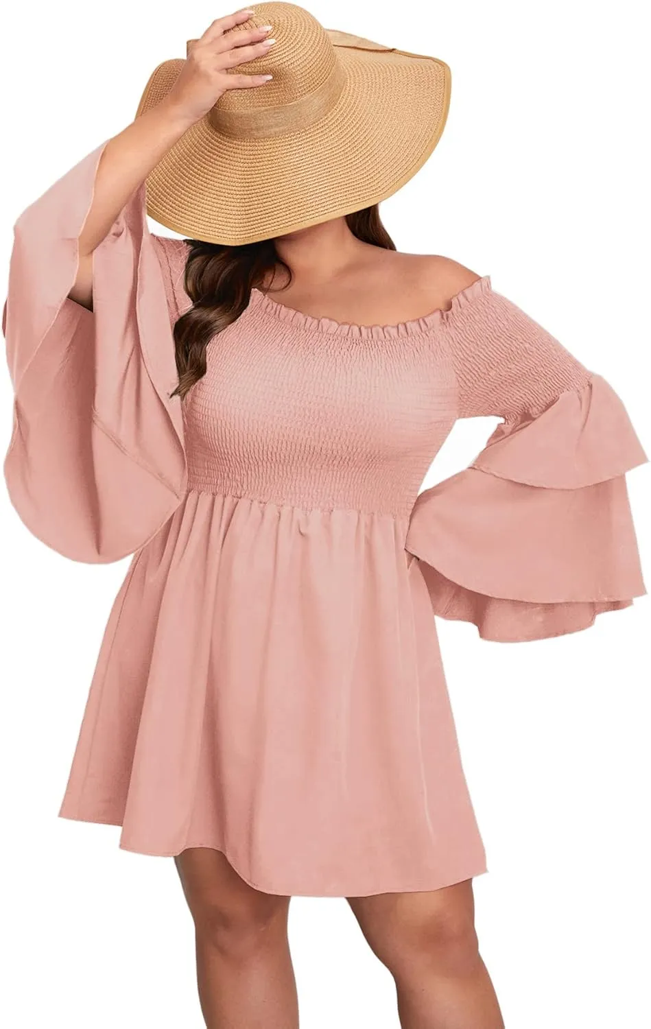 SOLY HUX Women's Plus Size Off Shoulder Long Sleeve Shirred Ruffle A Line Dress