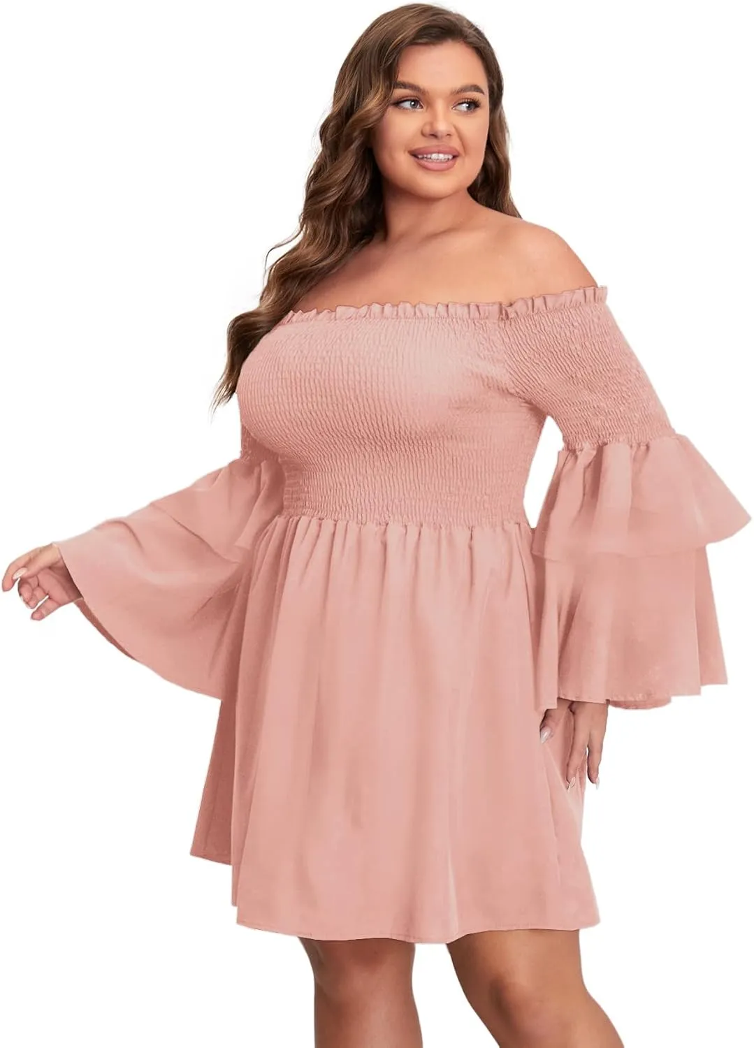 SOLY HUX Women's Plus Size Off Shoulder Long Sleeve Shirred Ruffle A Line Dress