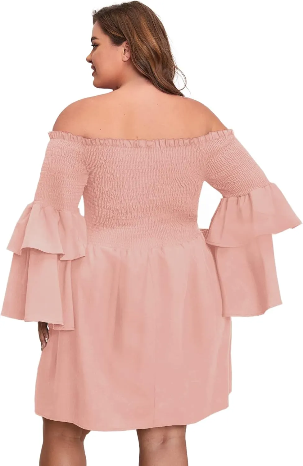 SOLY HUX Women's Plus Size Off Shoulder Long Sleeve Shirred Ruffle A Line Dress